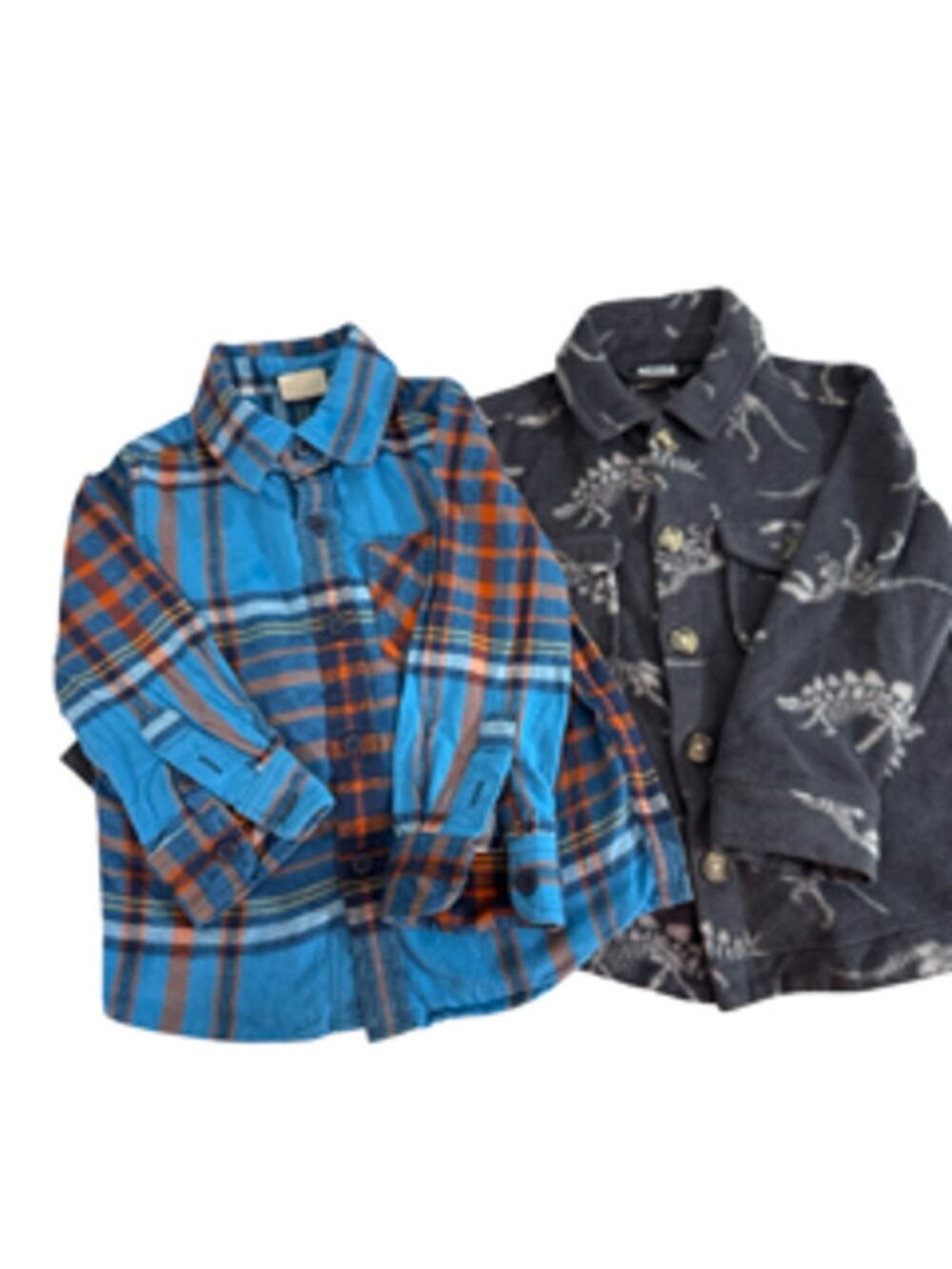 Pekkle Boys 2T Dinosaur Fleece Shacket Plaid Shirt 2-Piece Bundle